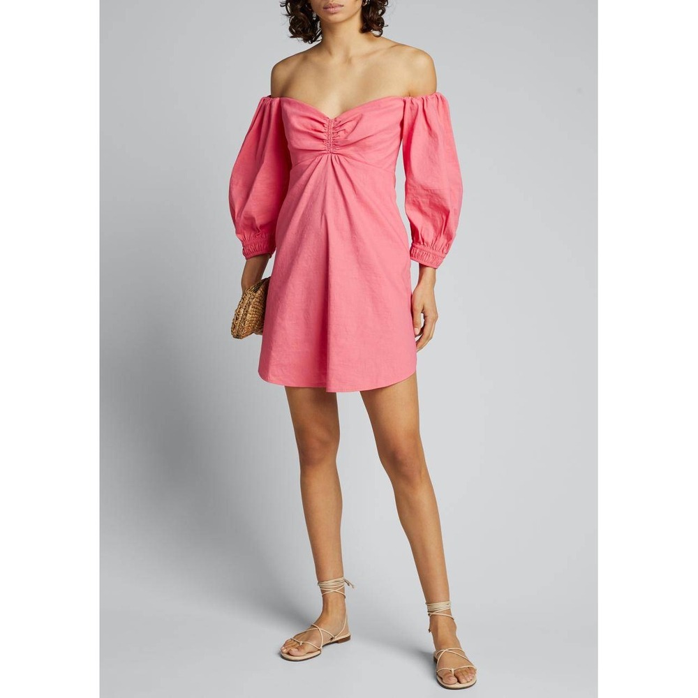 A.L.C. Mila Off-Shoulder Linen Short Puff Sleeve Mini Dress Pink Size 0